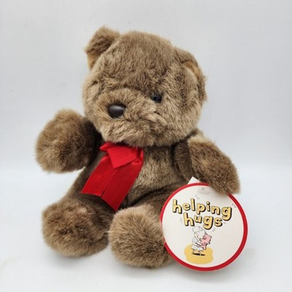 Vintage Commonwealth Brown Teddy Bear Plush 8" Red Satin Bow Helping Hugs Toy